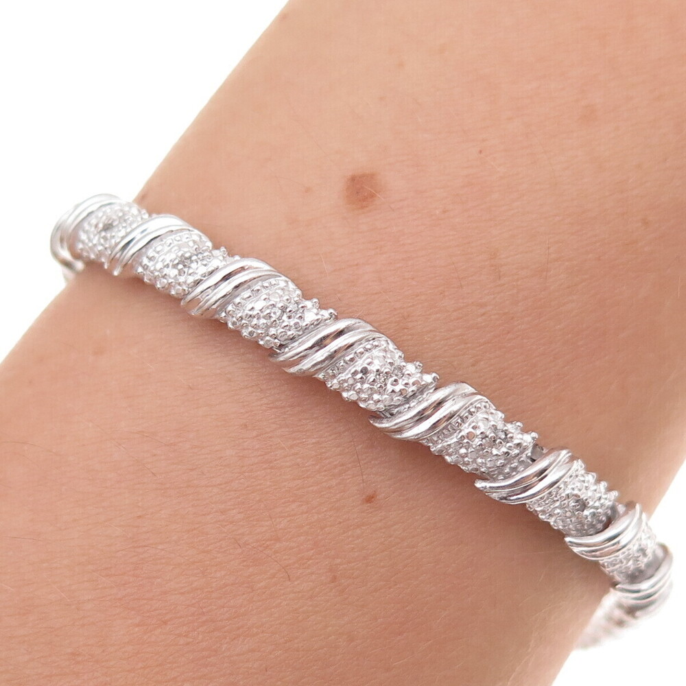 Sun 925 Sterling Silver Real Round-Cut Diamond Bracelet 7.75"